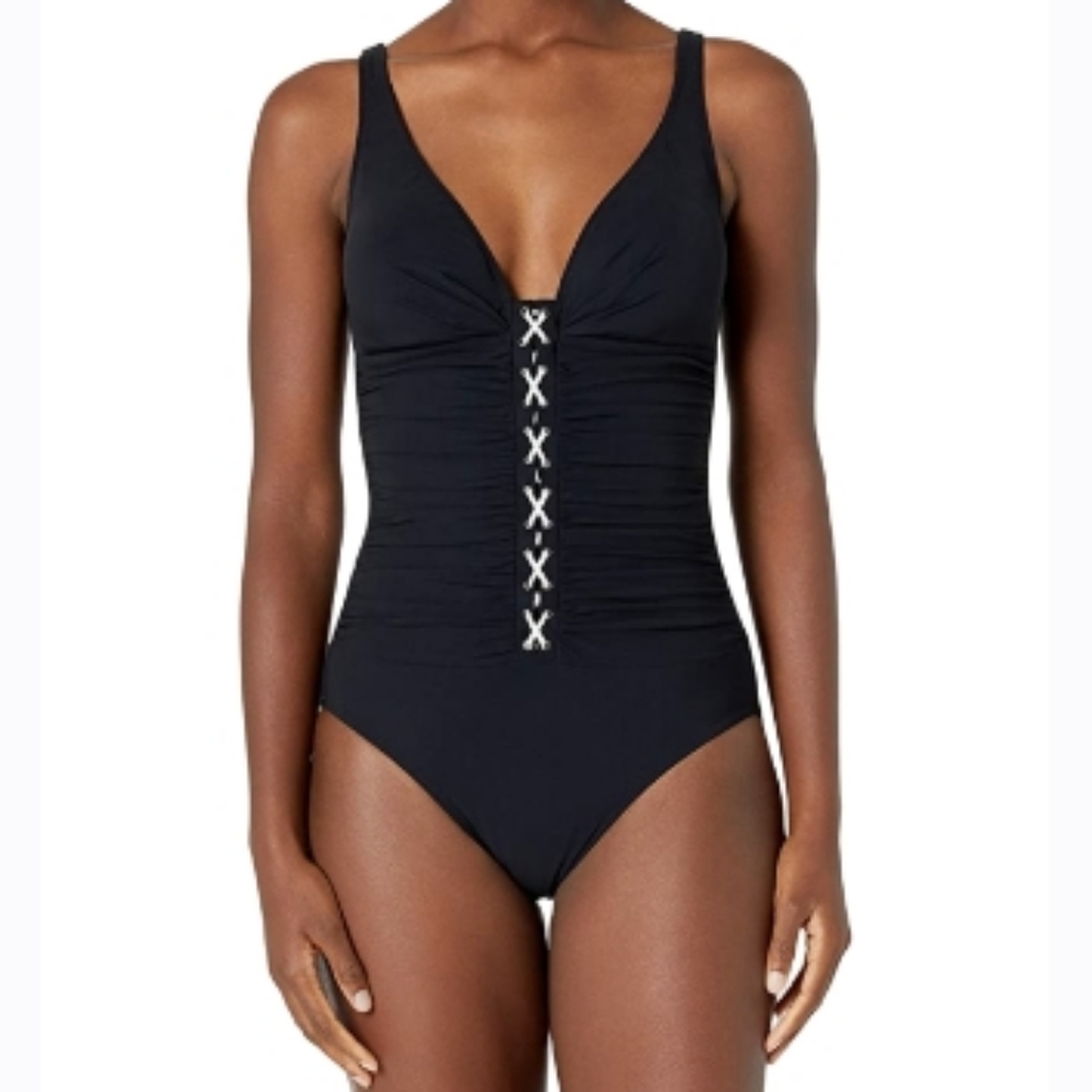 GOTTEX WOMEN'S CENTER V-NECK D CUP SIZED ONE PIECE SWIMSUIT SZ 12
